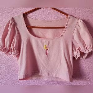 Romwe Pink Square Neck Sailor Moon Embroidery Puff Sleeve Crop Top S